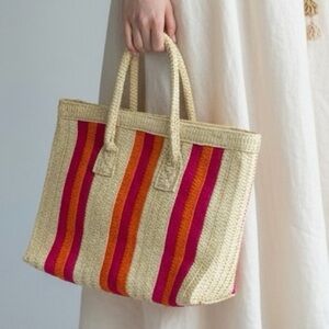 NEW Joe Fresh Straw Tote Bag Striped Pink Orange Beach Travel Shoulder Bag‎